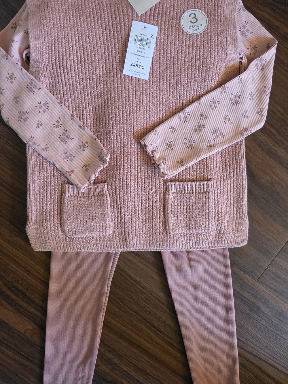 next Girls Pink 3-Piece Pajama Set - Knit Top, Floral Sleeves & Ribbed Pants